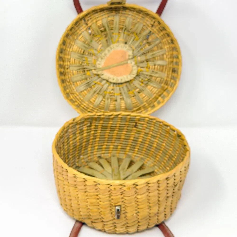 Vintage Woven Straw Sewing Basket Floral Lid Leather Handle Round Boho Bag